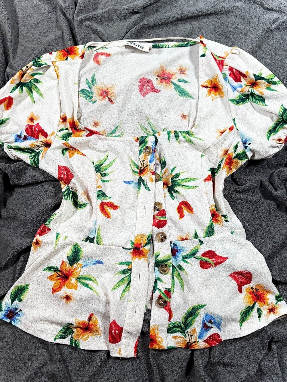 Emerette Shirt Womens Large Floral Peplum Blouse Button Front Stretchy Summer Ti